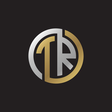 Initial letter TR, looping line, circle shape logo, silver gold color on black background