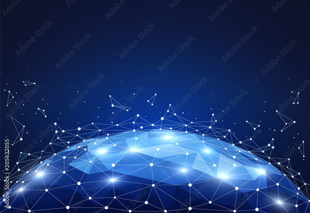 Poster block global network connections with points and lines on world map. wireframe of network communicat