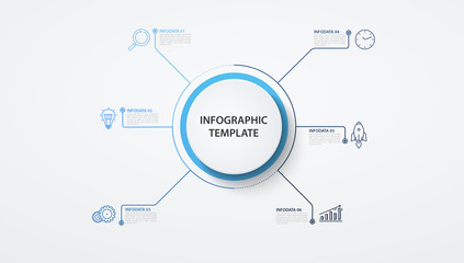 Infographics circles with lines 6 options or steps. Business concept, block diagram, information graph, pie chart processes.