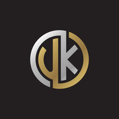 Initial letter UK, looping line, circle shape logo, silver gold color on black background