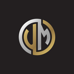 Initial letter UM, looping line, circle shape logo, silver gold color on black background