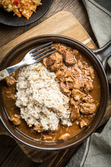 Barley groats with stewed meat.