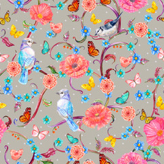 fashion seamless texture with fancy flora and birds. watercolor painting