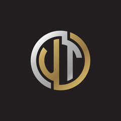Initial letter UT, looping line, circle shape logo, silver gold color on black background