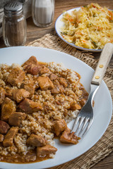 Barley groats with stewed meat.