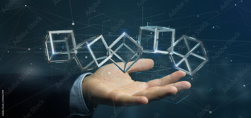 Poster businessman holding a 3d rendering blockchain cube isolated on a background
