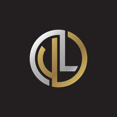 Initial letter VL, UL, looping line, circle shape logo, silver gold color on black background
