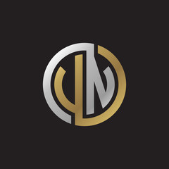 Initial letter VN, UN, looping line, circle shape logo, silver gold color on black background