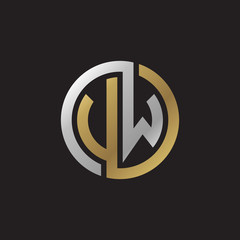 Initial letter VW, UW, looping line, circle shape logo, silver gold color on black background