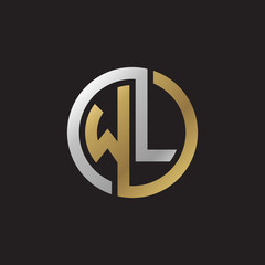 Initial letter WL, looping line, circle shape logo, silver gold color on black background