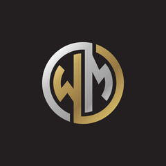 Initial letter WM, looping line, circle shape logo, silver gold color on black background