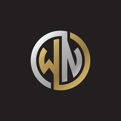 Initial letter WN, looping line, circle shape logo, silver gold color on black background