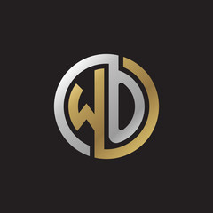 Initial letter WO, looping line, circle shape logo, silver gold color on black background