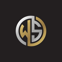 Initial letter WS, looping line, circle shape logo, silver gold color on black background