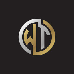 Initial letter WT, looping line, circle shape logo, silver gold color on black background