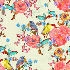 seamless texture with fancy flora and birds. watercolor painting