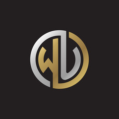 Initial letter WU, looping line, circle shape logo, silver gold color on black background