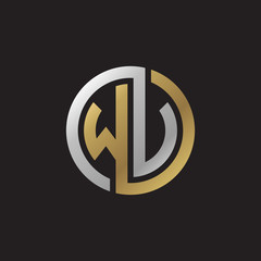 Initial letter WV, WU, looping line, circle shape logo, silver gold color on black background