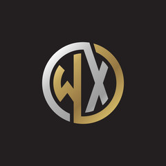 Initial letter WX, looping line, circle shape logo, silver gold color on black background