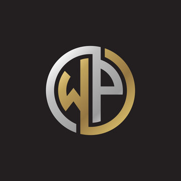 Initial letter WP, looping line, circle shape logo, silver gold color on black background