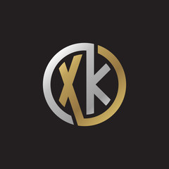 Initial letter XK, looping line, circle shape logo, silver gold color on black background