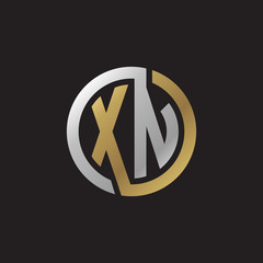 Initial letter XN, looping line, circle shape logo, silver gold color on black background