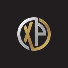 Initial letter XP, looping line, circle shape logo, silver gold color on black background