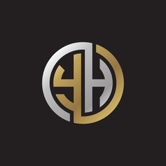 Initial letter YH, looping line, circle shape logo, silver gold color on black background