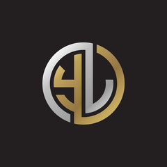 Initial letter YJ, YL, looping line, circle shape logo, silver gold color on black background