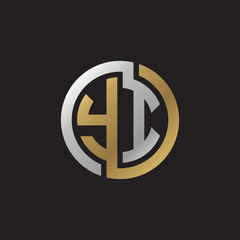 Initial letter YI, looping line, circle shape logo, silver gold color on black background