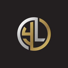 Initial letter YL, looping line, circle shape logo, silver gold color on black background