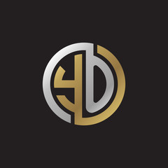 Initial letter YO, looping line, circle shape logo, silver gold color on black background