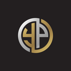 Initial letter YP, looping line, circle shape logo, silver gold color on black background