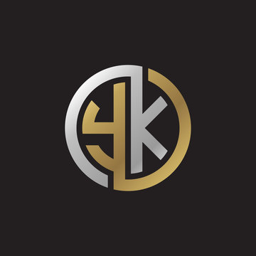 recommend clip art: Initial letter YK, looping line, circle shape logo, silver gold color on black background