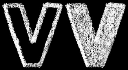 handwritten white chalk english letters V isolated on black background, hand-drawn chalk lettering,...