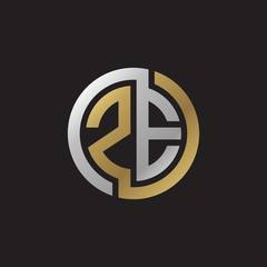 Initial letter ZE, looping line, circle shape logo, silver gold color on black background