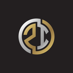 Initial letter ZI, looping line, circle shape logo, silver gold color on black background