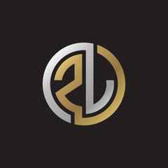 Initial letter ZJ, ZL, looping line, circle shape logo, silver gold color on black background