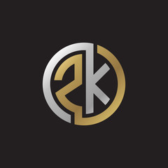 Initial letter ZK, looping line, circle shape logo, silver gold color on black background
