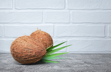 Healthy food. Fresh coconut with green palm leaves
