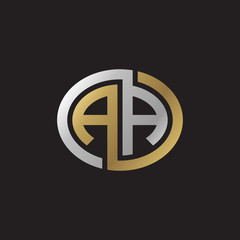 Initial letter AA, looping line, ellipse shape logo, silver gold color on black background