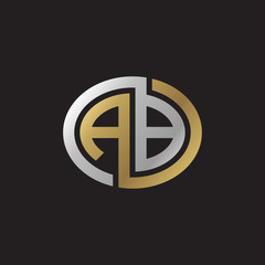 Initial letter AB, looping line, ellipse shape logo, silver gold color on black background