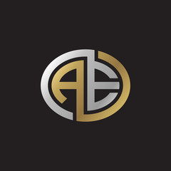 Initial letter AE, looping line, ellipse shape logo, silver gold color on black background