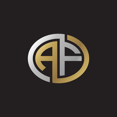 Initial letter AF, looping line, ellipse shape logo, silver gold color on black background