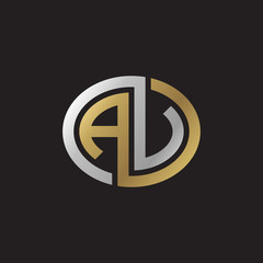 Initial letter AV, AU, looping line, ellipse shape logo, silver gold color on black background