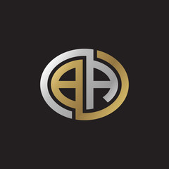 Initial letter BA, looping line, ellipse shape logo, silver gold color on black background