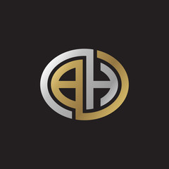 Initial letter BH, looping line, ellipse shape logo, silver gold color on black background