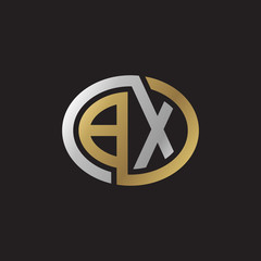 Initial letter BX, looping line, ellipse shape logo, silver gold color on black background