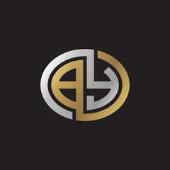 Initial letter BY, looping line, ellipse shape logo, silver gold color on black background
