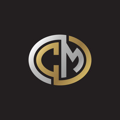 Initial letter CM, looping line, ellipse shape logo, silver gold color on black background